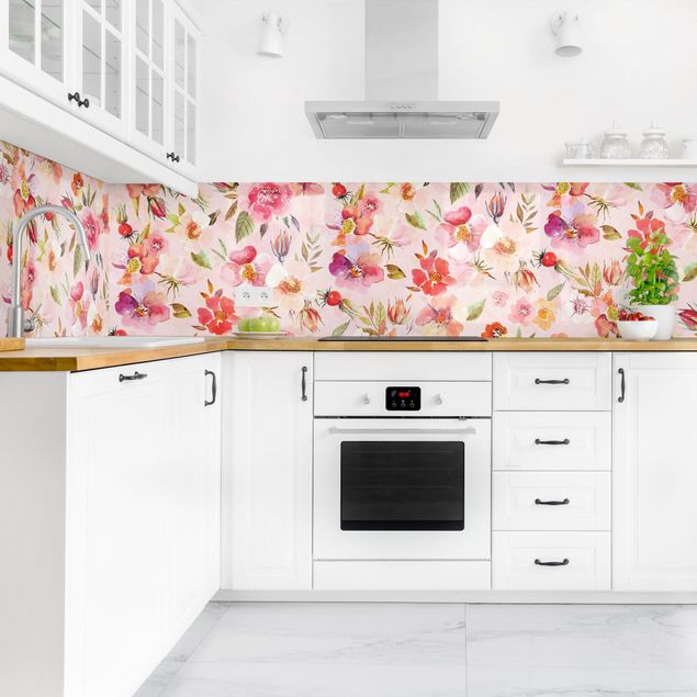Glasrückwand Küche Muster Aquarellierte Blumen auf Rosa