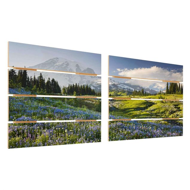 Holzbild 2-teilig - Bergwiese mit blauen Blumen vor Mt. Rainier