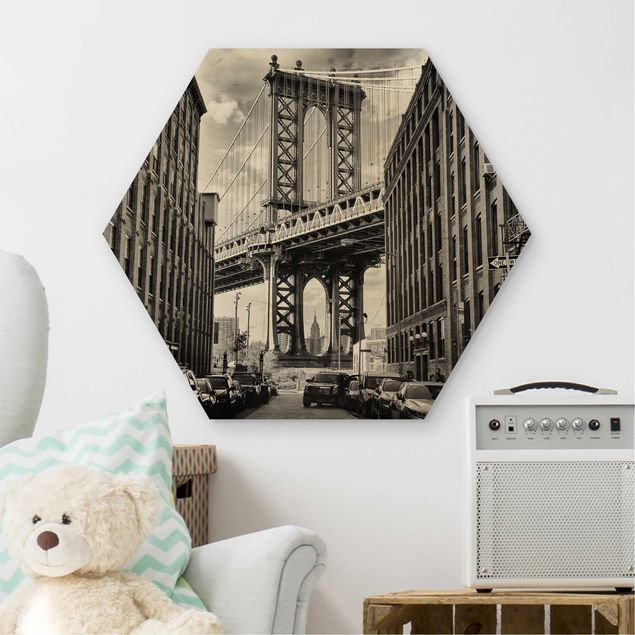 Holzbild Skyline Manhattan Bridge in America