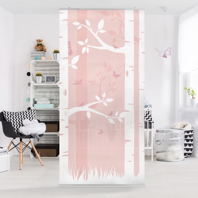 Raumteiler - Rosa Birkenwald mit Schmetterlingen und Vögel 250x120cm