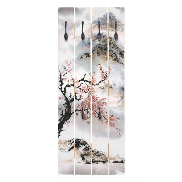 Wandgarderobe Holz - Japanische Aquarell Zeichnung Kirschbaum und Berge - Haken chrom Hochformat
