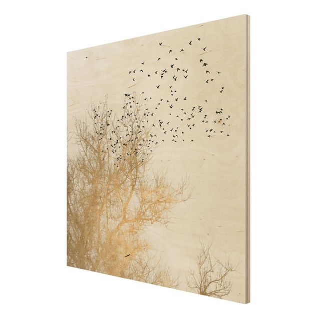 Wandbild Holz Vogelschwarm vor goldenem Baum