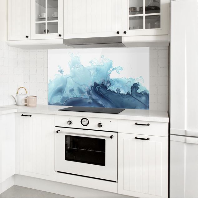 Küchenrückwand Glas Landschaft Welle Aquarell Blau I