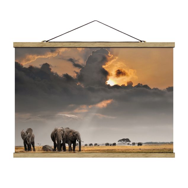 Stoffbild mit Posterleisten - Elefanten der Savanne - Querformat 3:2