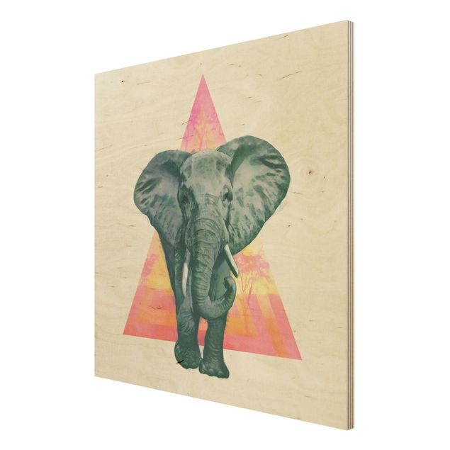 Wandbild Holz Illustration Elefant vor Dreieck Malerei