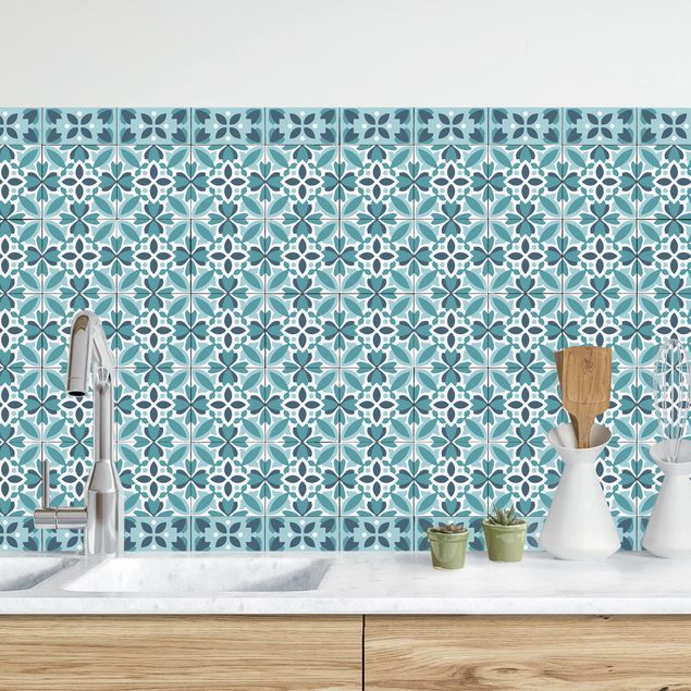 Küchenrückwände Platte Geometrischer Fliesenmix Blüte Türkis