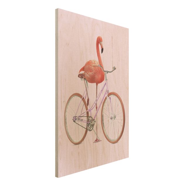 Moderne Holzbilder Flamingo mit Fahrrad