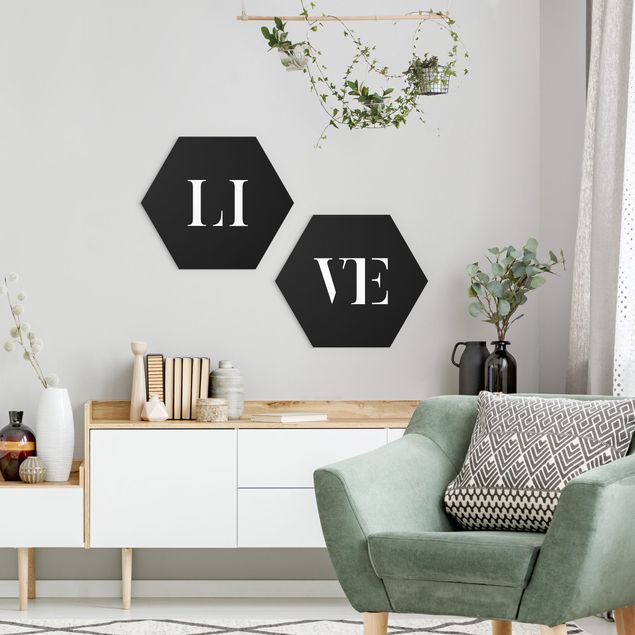 Hexagon Wandbilder Buchstaben LIVE Weiß Set I