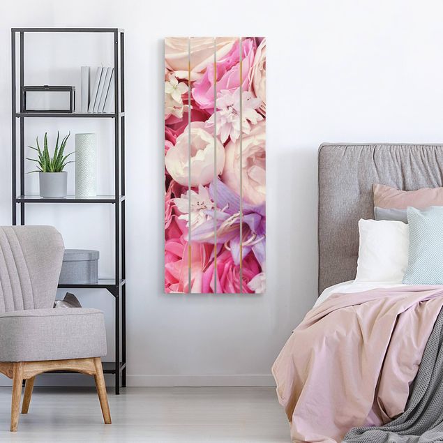 Moderne Holzbilder Shabby Rosen mit Glockenblumen