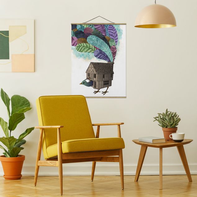 Stoffbilder Illustration Vogel Haus mit Federn