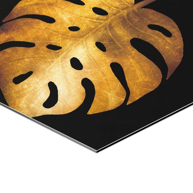 Hexagon Bild Alu-Dibond - Gold - Monstera auf Schwarz