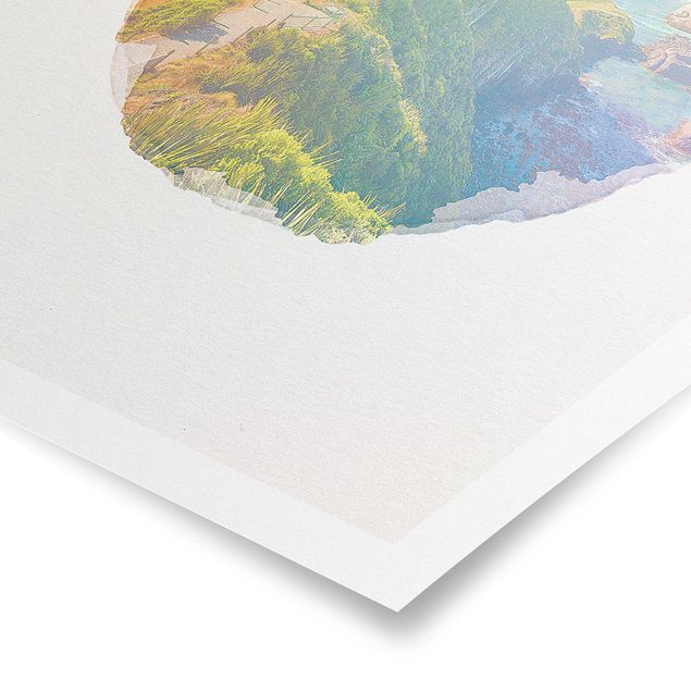 Poster Wasserfarben - Nugget Point Leuchtturm und Meer Neuseeland