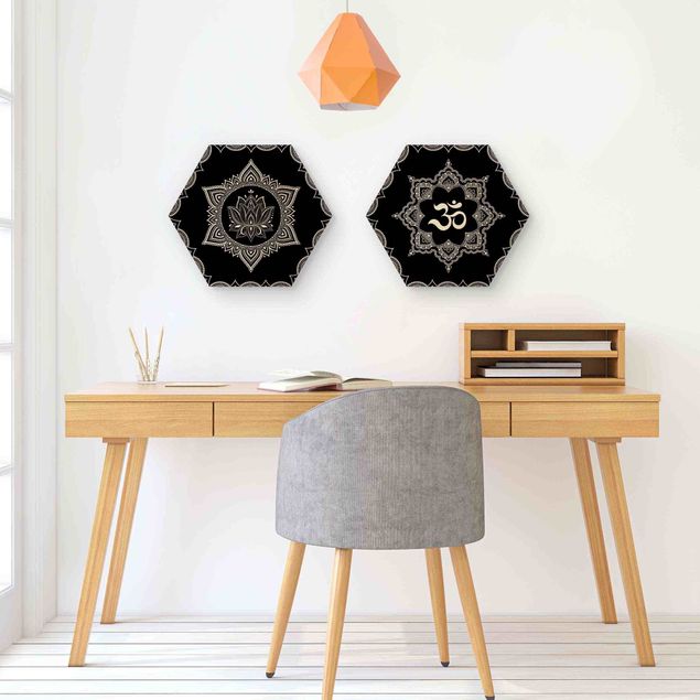 Hexagon Bild Holz 2-teilig - Lotus OM Illustration Set Schwarz