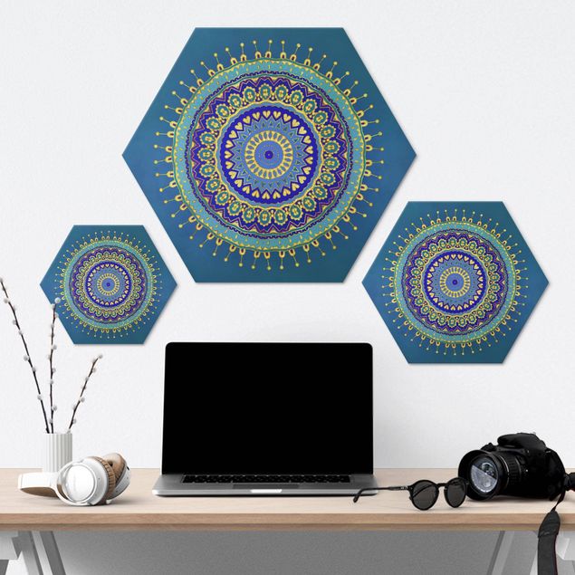 Hexagon Bild Alu-Dibond - Mandala Blau Gold