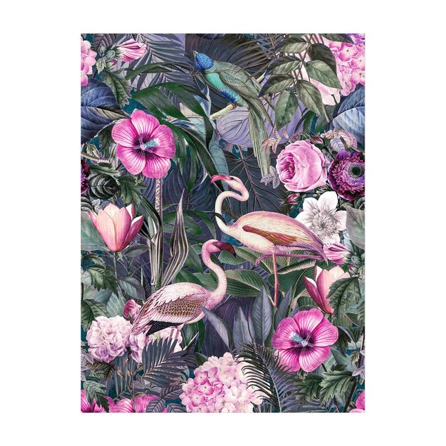 Teppich Blumen Bunte Collage - Pinke Flamingos im Dschungel