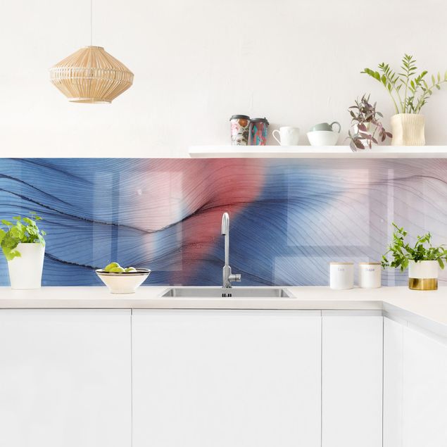 Küchenrückwand abstrakt Melierter Farbtanz in Blau mit Rot