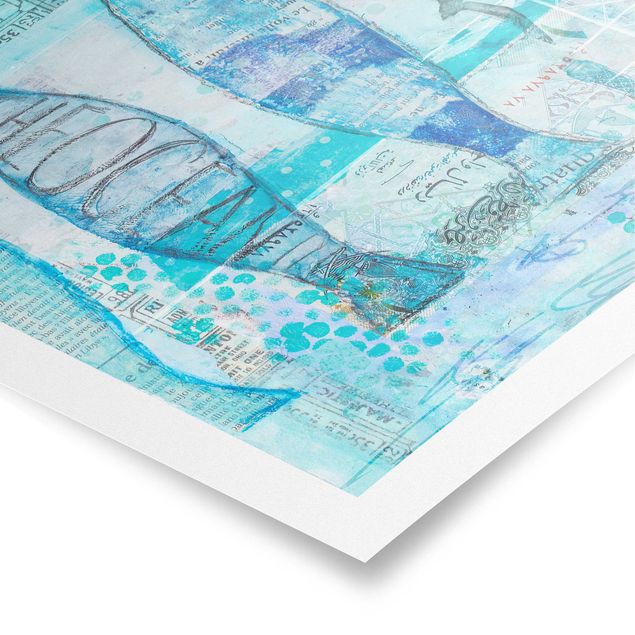 Poster - Bunte Collage - Blaue Fische - Hochformat 4:3