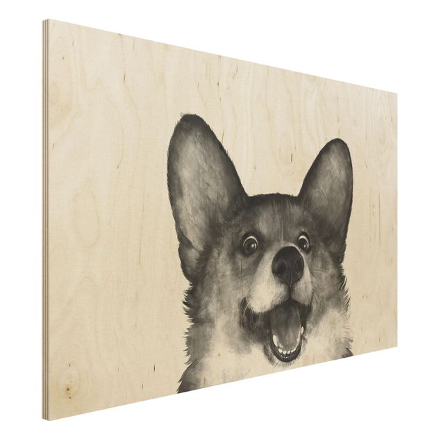 Holzbilder modern Illustration Hund Corgi Weiß Schwarz Malerei