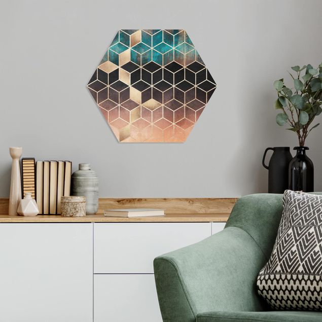 Hexagon Bild Forex - Türkis Rosé goldene Geometrie
