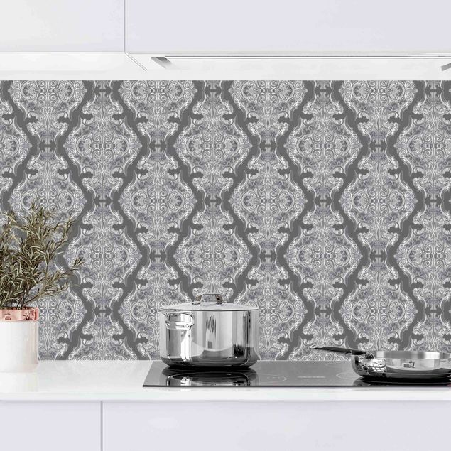 Küchenrückwände Platte Aquarell Barock Muster vor Dunkelgrau II