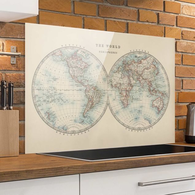 Spritzschutz Glas magnetisch Vintage Weltkarte Die zwei Hemispheren