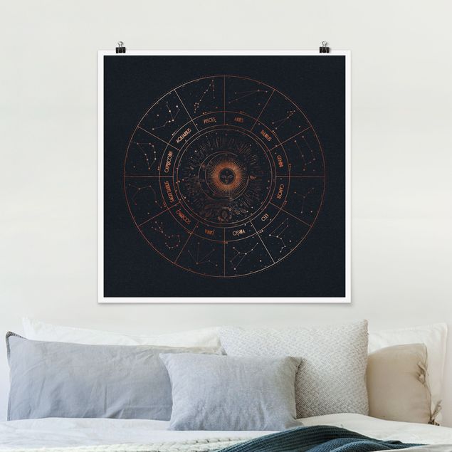 Poster Illustration Astrologie Die 12 Sternzeichen Blau Gold