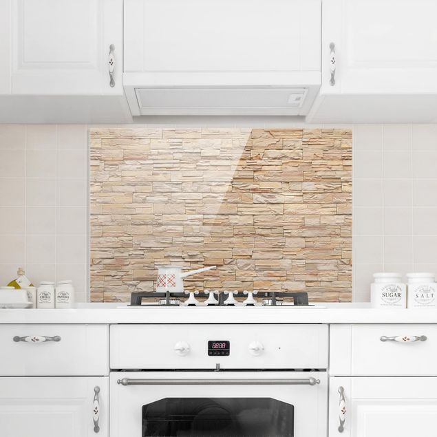Spritzschutz Küche Steinoptik Asian Stonewall - Große helle Steinmauer aus wohnlichen Steinen