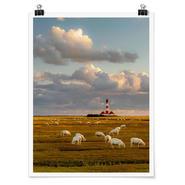 Poster Meer Nordsee Leuchtturm mit Schafsherde