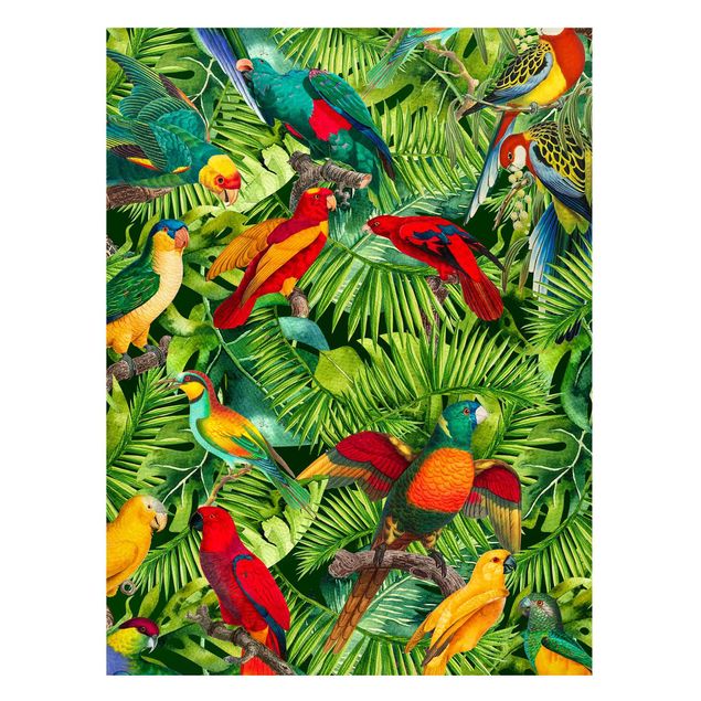 Magnettafel Büro Bunte Collage - Papageien im Dschungel