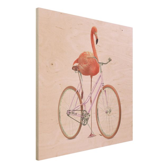 Moderne Holzbilder Flamingo mit Fahrrad