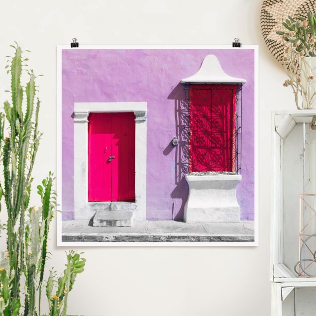 Poster - Rosa Fassade Pinke Tür - Quadrat 1:1