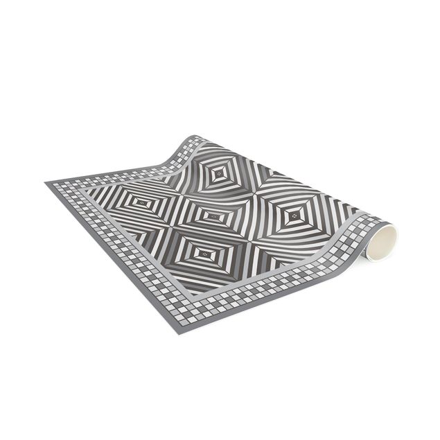 Teppich Fliesenoptik Geometrische Fliesen Strudel Grau mit schmalem Mosaikrahmen
