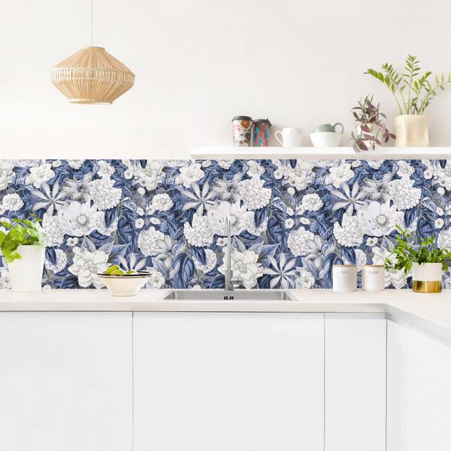 Glasrückwand Küche Blumen Weiße Blumen vor Blau