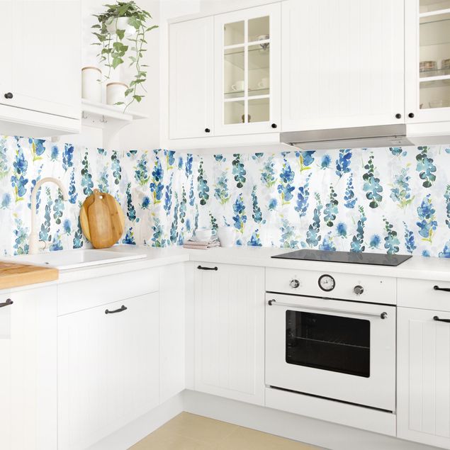 Muster Küchenrückwand Glas Blumenpracht in Blau