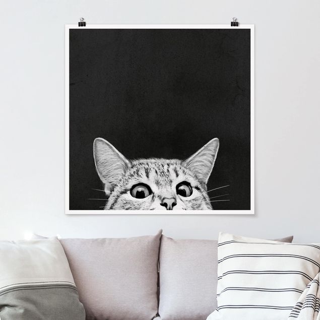 Poster Kinderzimmer Tiere Illustration Katze Schwarz Weiß Zeichnung