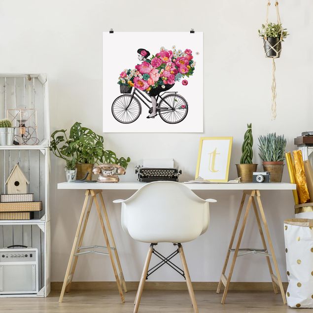 Bilder für die Wand Illustration Frau auf Fahrrad Collage bunte Blumen