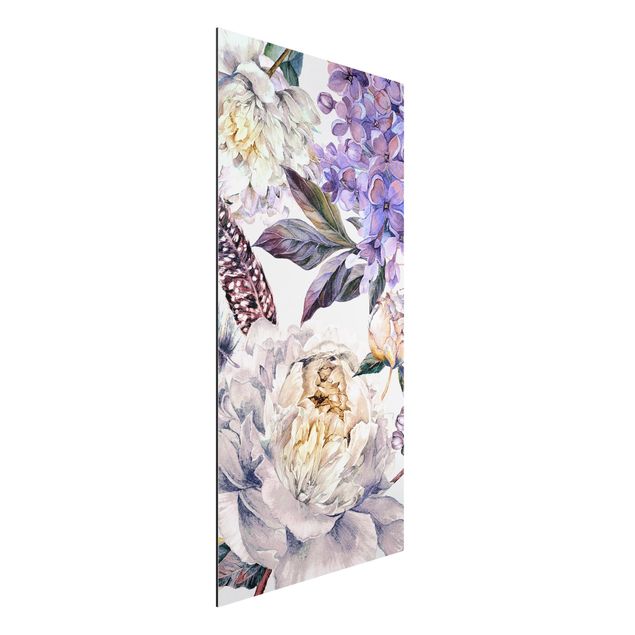 Schöne Wandbilder Zartes Aquarell Boho Blüten und Federn Muster