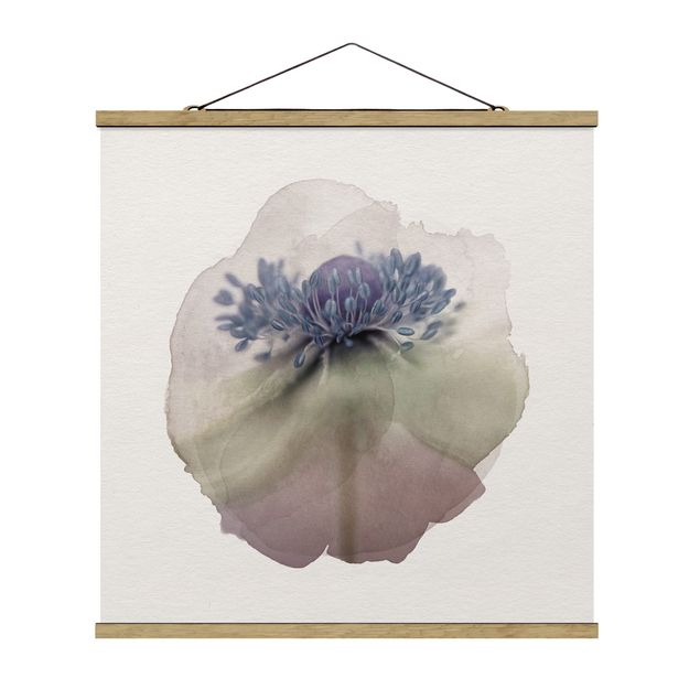 Stoffbild mit Posterleisten - Wasserfarben - Anemone in Violett - Quadrat 1:1