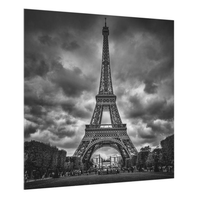 Glas Spritzschutz - Eiffelturm vor Wolken schwarz-weiß - Quadrat - 1:1
