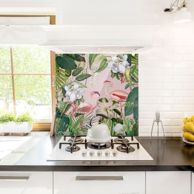 Küchenrückwand Glas Motiv Blumen Tropische Flamingos mit Pflanzen in Rosa