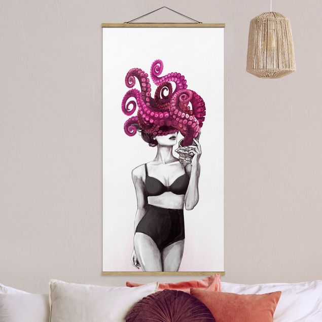 Wandbilder Tiere Illustration Frau in Unterwäsche Schwarz Weiß Oktopus