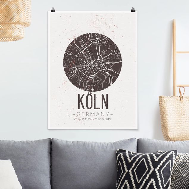 Poster Schwarz-Weiß Stadtplan Köln - Retro