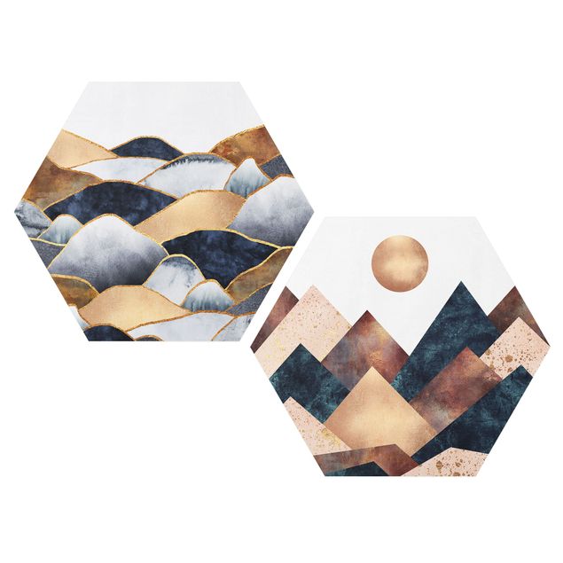 Hexagon Bild Forex 2-teilig - Elisabeth Fredriksson - Geometrische & Goldene Berge Aquarell