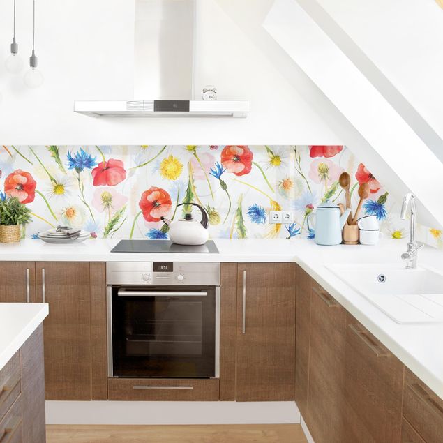 Küchenrückwand Muster Aquarellierte Feldblumen mit Mohn