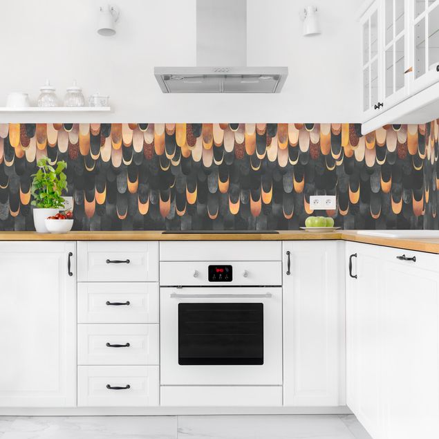 Küchenrückwand abstrakt Federn Bronze Schwarz II