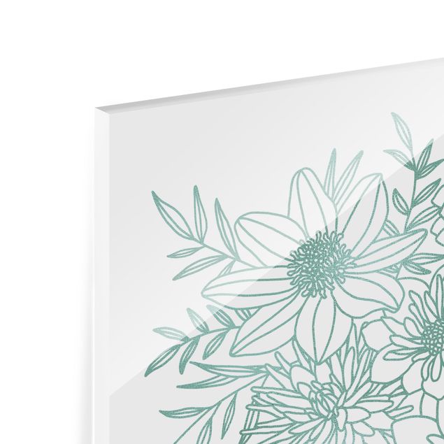 Spritzschutz - Lineart Blumen in Metallic Grün - Quadrat 1:1
