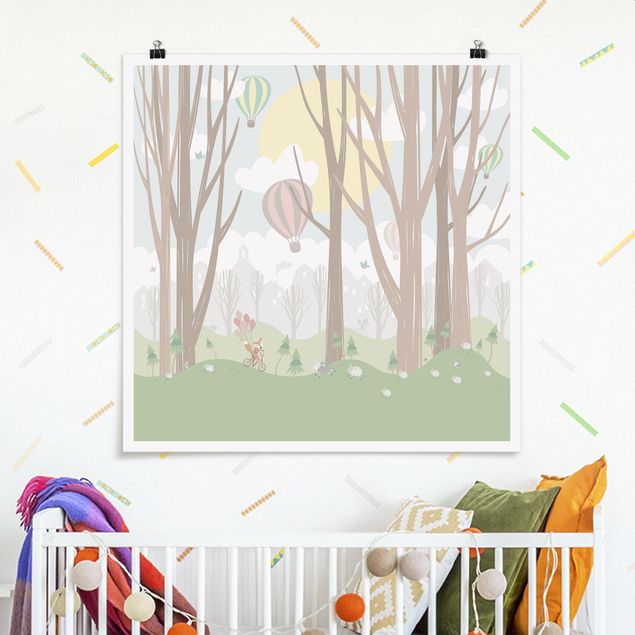 Poster Kinderzimmer Tiere Sonne mit Bäumen und Heißluftballons