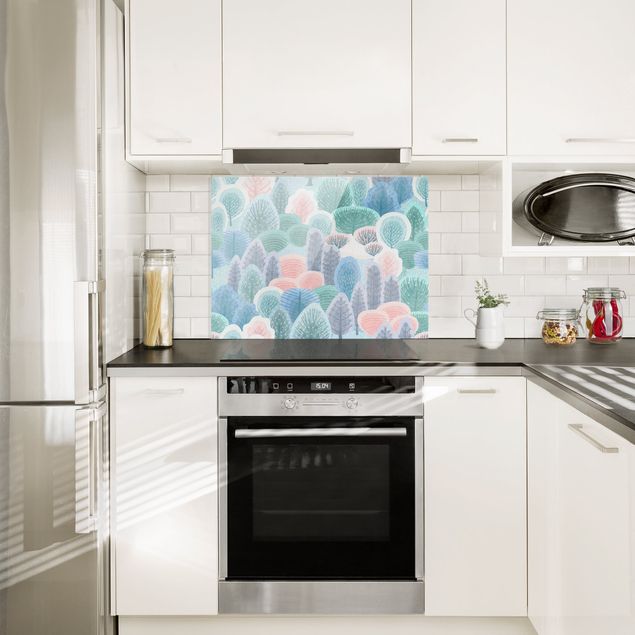 Küchenrückwand Glas Motiv Blumen Glücklicher Wald in Pastell
