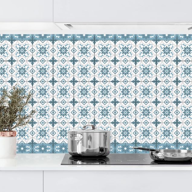 Küchenrückwände Platte Geometrischer Fliesenmix Blume Blaugrau