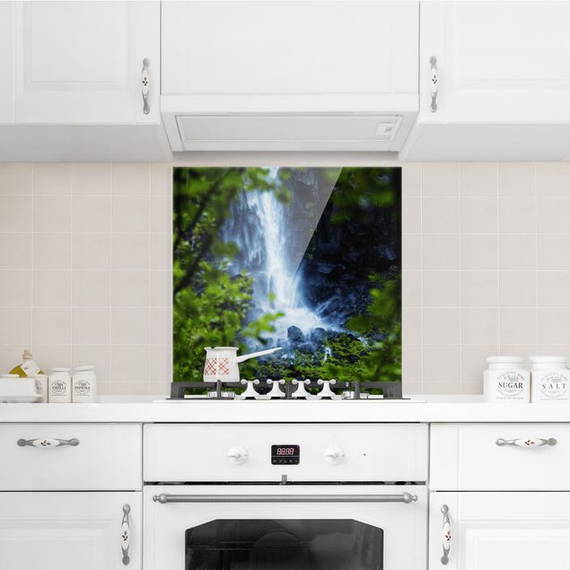 Küchenrückwand Glas Wald Blick zum Wasserfall